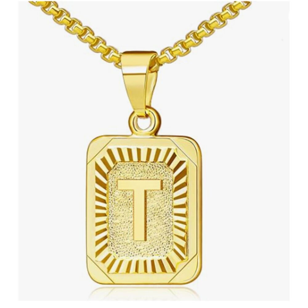 18K Gold Plated Embossed Initial T Necklace Men Women